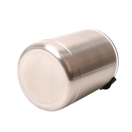A drink bottle featuring a sleek stainless steel design, with a curved shape and a black lid.