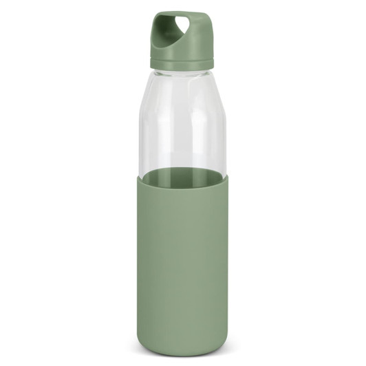 A drink bottle with a clear glass body and a matte green silicone sleeve. It features a green lid and has a logo.
