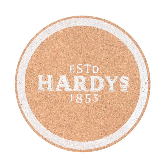 A round eco-friendly cork coaster in natural brown with a white border and brand logo in the centre.
