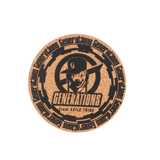 A cork coaster featuring a circular design with a logo in black against a natural cork background.