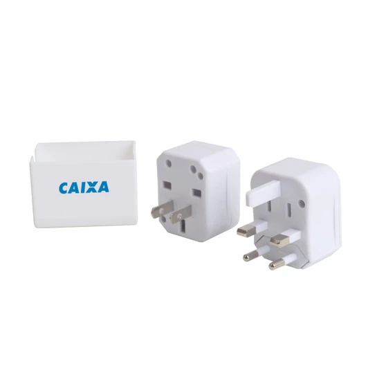 A white travel adapter set with two different plug types and a storage case, featuring a logo.