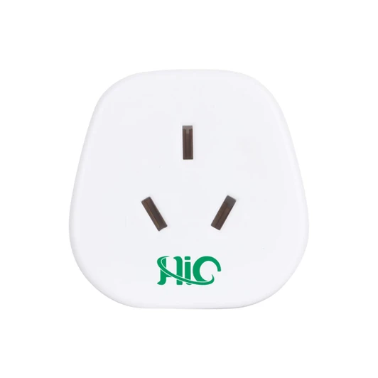 A white universal travel adaptor designed for AU to US compatibility, featuring three rectangular prongs and a logo.