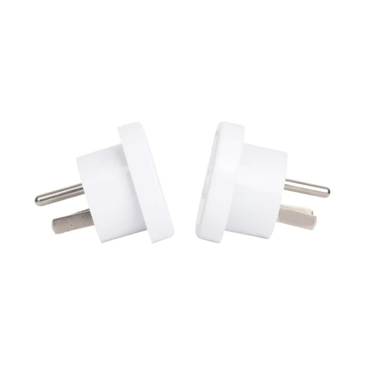 A white universal travel adapter designed for use from AU to US, featuring two pins for connectivity.