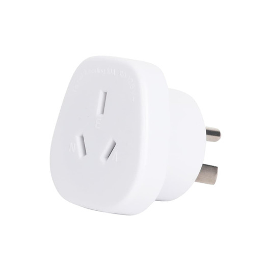 A white universal travel adapter featuring Australian and US plug configurations. It has a compact design and a branding logo.
