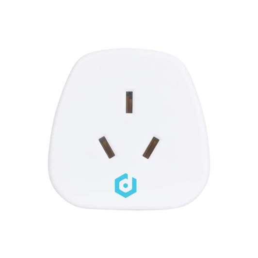 A white travel adapter designed for use from AU to UK, featuring three prongs and a branding logo.