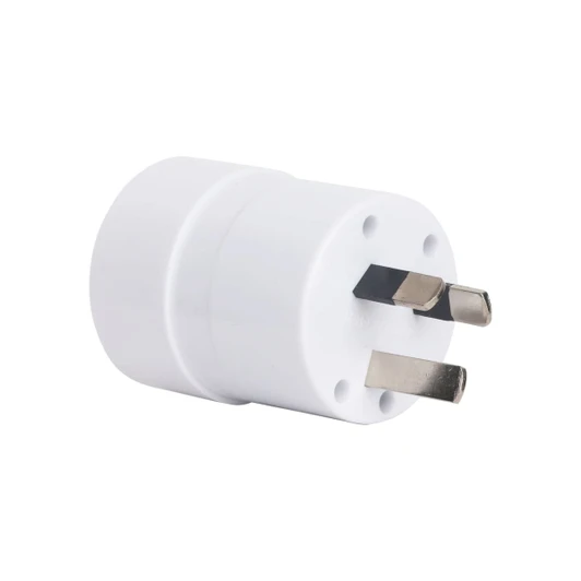 A white multifunctional travel adapter with three metal prongs, suitable for various plug types.