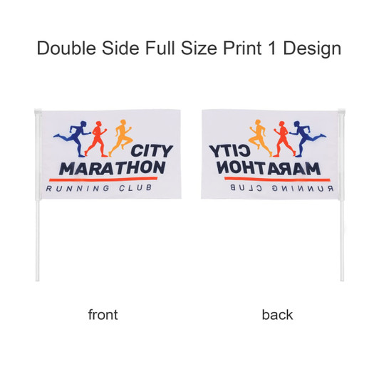 A rectangular cheering flag with a logo, featuring vibrant colours on both sides. Sticks included for display.