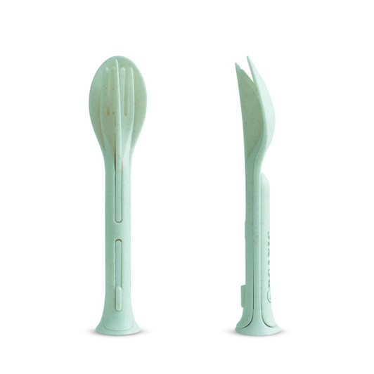 A 3-in-1 portable utensils set in light green, featuring a spoon, fork, and knife in a compact design.