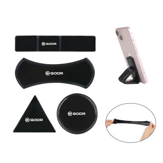 A set of sticky nano rubber pads in black, designed for phone support and grip, featuring various shapes and a logo.