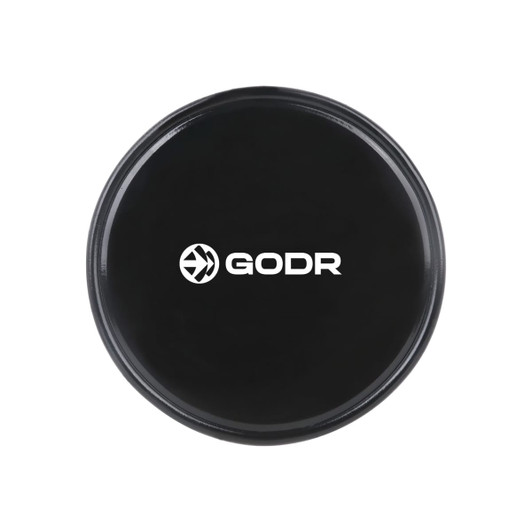A round, black sticky pad with a logo in the centre, designed for holding small items securely.
