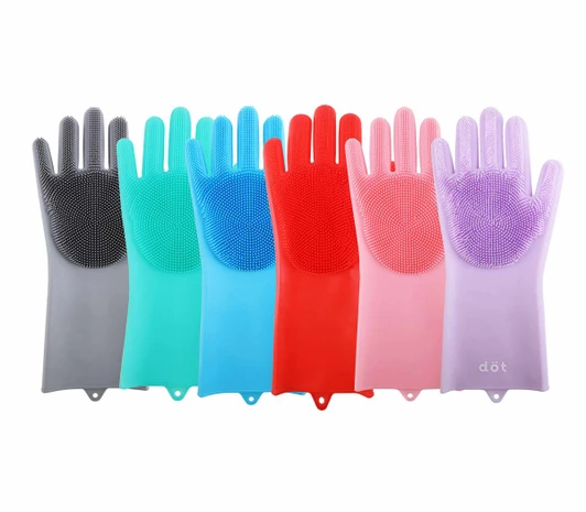 Silicone cleaning gloves in various colours: grey, teal, blue, red, pink, and purple, featuring textured surfaces.