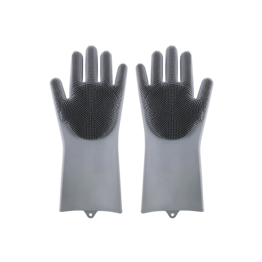 A pair of grey silicone cleaning gloves featuring textured palms for scrubbing. The gloves have an embedded logo.
