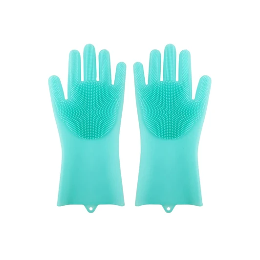 A pair of mint green silicone gloves feature textured surfaces for cleaning, with integrated brush-like nodules.