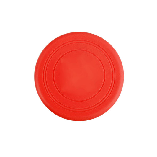 A red silicone frisbee with a smooth surface and circular shape, featuring a subtle ring pattern.
