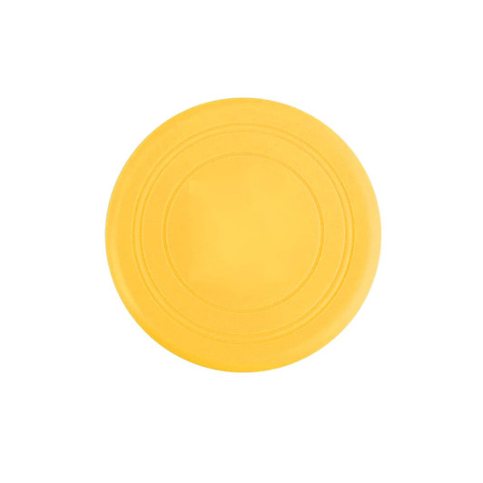 A yellow silicone frisbee with a smooth surface and circular shape. It features a logo at the centre.