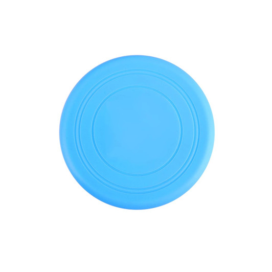A blue silicone frisbee with a smooth surface and circular design. It features a brand logo.