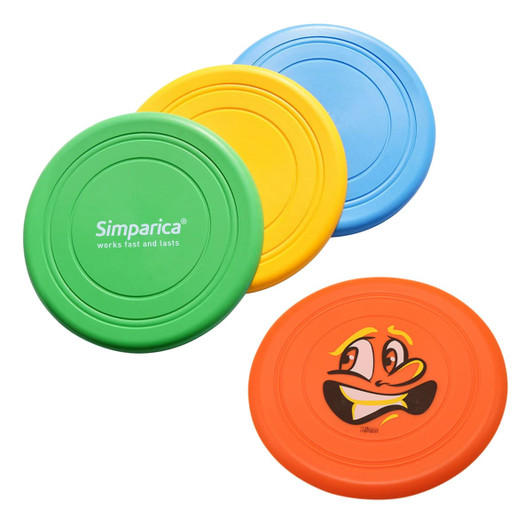 A set of four silicone frisbees in green, yellow, blue, and orange, featuring a cartoon character on one.