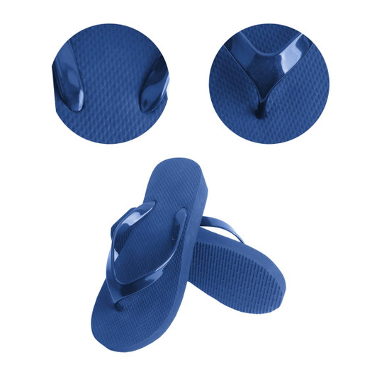 A pair of blue rubber thongs with a textured sole and glossy straps, featuring close-up views of the straps and sole.