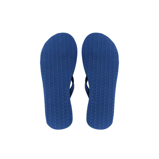 A pair of navy blue rubber flip-flops featuring a textured sole and a simple strap design, with a logo on the sole.