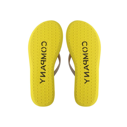 Bright yellow EVA platform thongs with a textured sole and a branding logo on the insole.