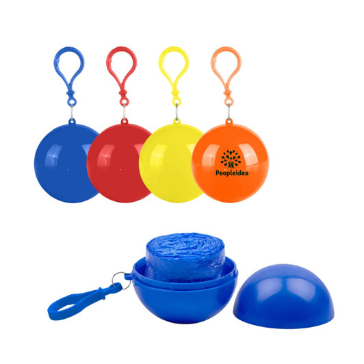 A set of four colourful rain poncho balls in red, blue, yellow, and orange, featuring a clip and a logo.