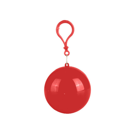 A red ball with a clip for attachment, designed as a novelty item for a rain poncho.