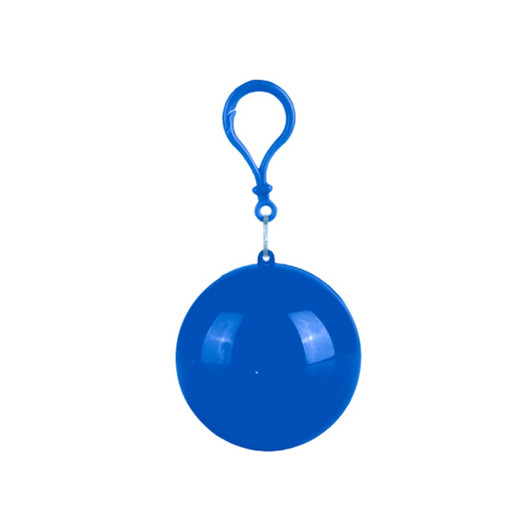 A blue ball with a clip attachment, designed to hold a rain poncho inside, featuring a simple circular shape.