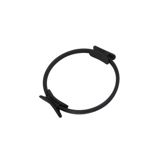 A black Pilates circle with a textured grip and flexible design, featuring a central stabilising clip.