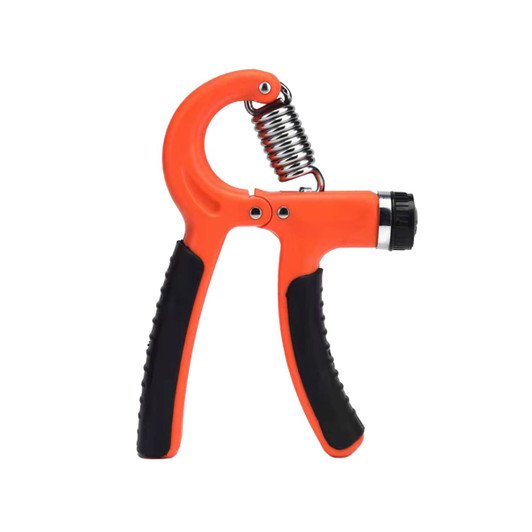 A powerful adjustable hand grip in orange and black, featuring a spring mechanism and textured grips. It has a logo on the side.