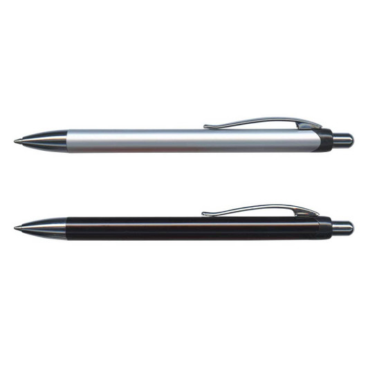 A set of two metal pens in silver and black, each featuring a clip and a sleek design.