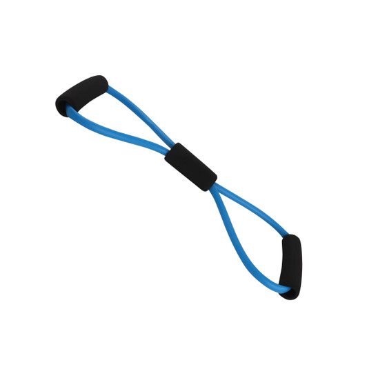 A blue Figure 8 resistance band with black handles, designed for fitness and exercise activities.