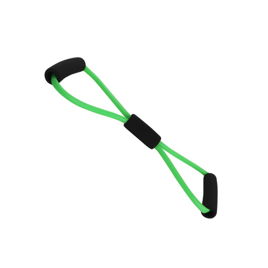 A green figure 8 resistance band with black handles, designed for sports and fitness activities.