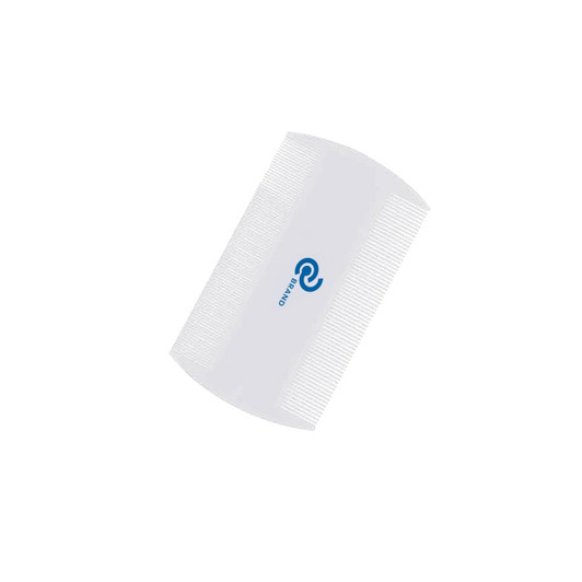 A white pet flea comb featuring fine and coarse teeth with a logo on the side.