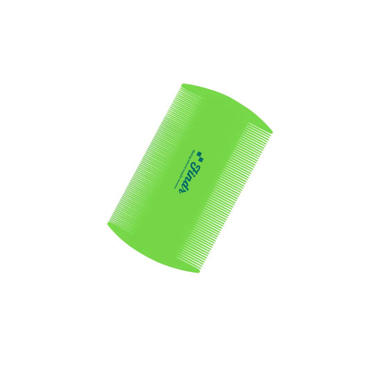 A green pet flea comb with fine and coarse teeth, featuring a small logo on one side.