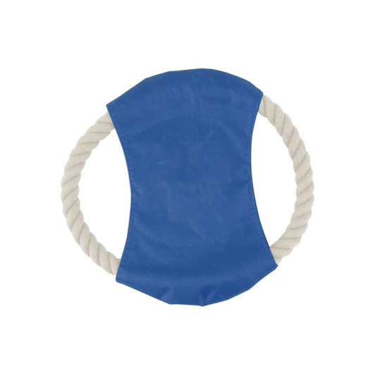 A blue Frisbee dog toy featuring a soft centre and rope handles. The toy includes branding on it.