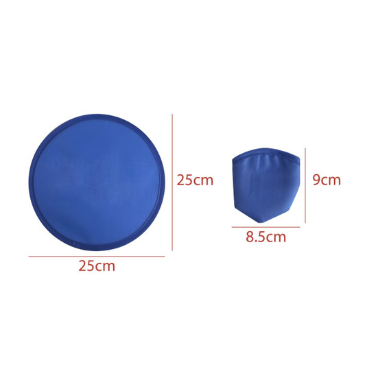 A 25cm foldable frisbee in blue, shown in both its flat and folded form, with a logo visible.