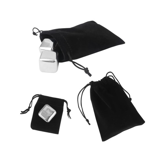 Stainless steel ice cubes in black velvet pouches, featuring a shiny silver finish and three different sizes.