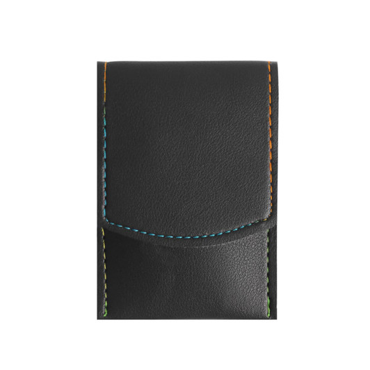 A black portable manicure set with coloured stitching, featuring a smooth exterior and a flap closure.
