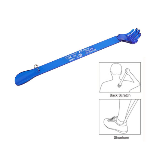 A blue back scratcher and shoehorn product with a hand-shaped end and a smooth handle.