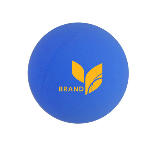 A blue bouncy ball featuring a logo, designed as a fun novelty item for games.