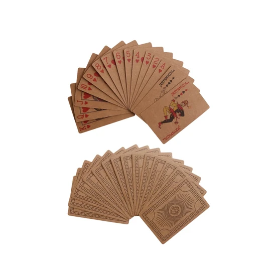 Kraft paper playing cards in brown with red and black designs, featuring various playing card suits and a joker.