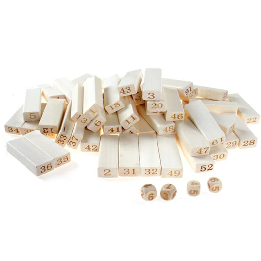 A set of cream-coloured wooden blocks and dice, each numbered for use in games.
