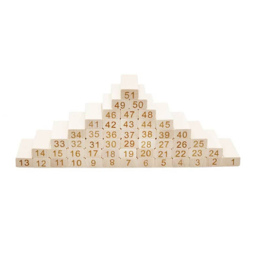 A wooden block game featuring numbered blocks arranged in a pyramid shape, primarily in a natural wood colour.
