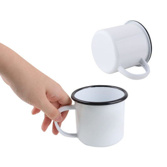 A 350ml enamel camping mug in white with a black rim, featuring a handle and a logo on the side.