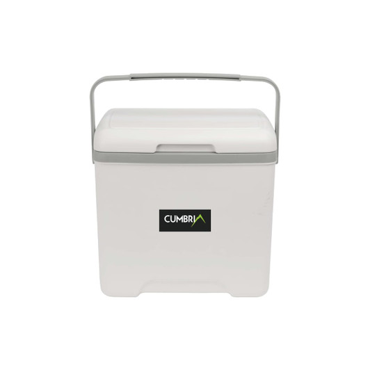 A white cooler box with a grey handle and a small logo on the front.