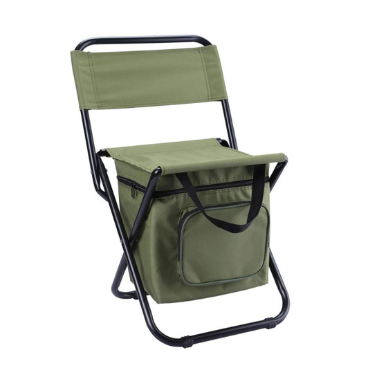 A green foldable camping chair featuring a cooler bag underneath and a sturdy black frame. It has a compact design.