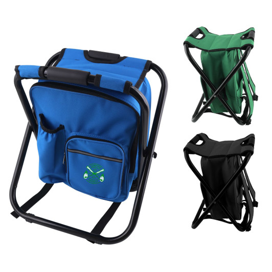 A blue foldable insulated bag and chair with a front pocket, alongside a green and a black version. Each has a logo.