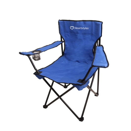 A blue foldable portable camping chair with armrests and a cup holder, featuring a logo on the backrest.
