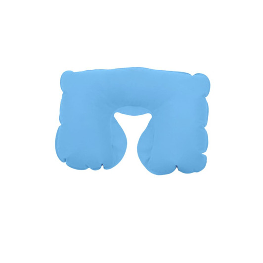 An inflatable travel pillow in light blue, shaped for neck support, featuring a logo on the surface.