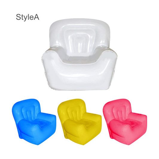 Inflatable chairs in white, blue, yellow, and pink, featuring a curved back and armrests, with a logo.